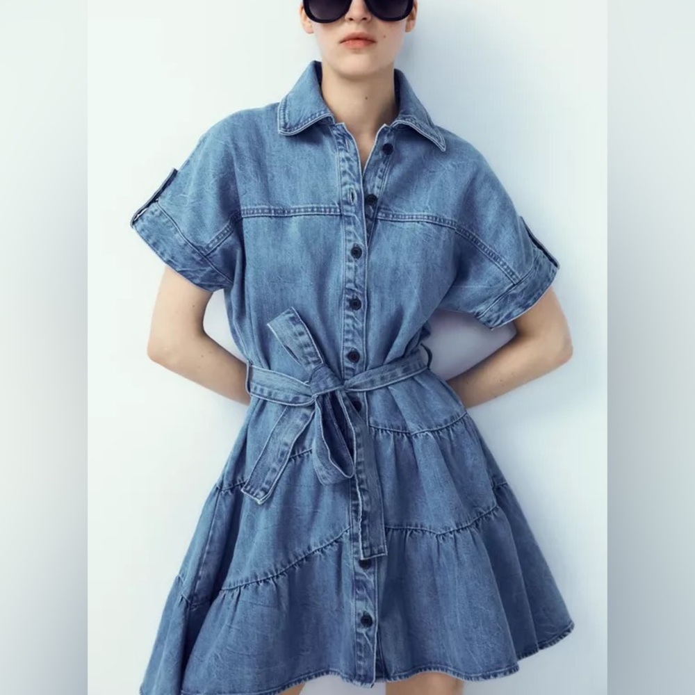Zara Denim Belted Button Down Blue Jean Dress Size M